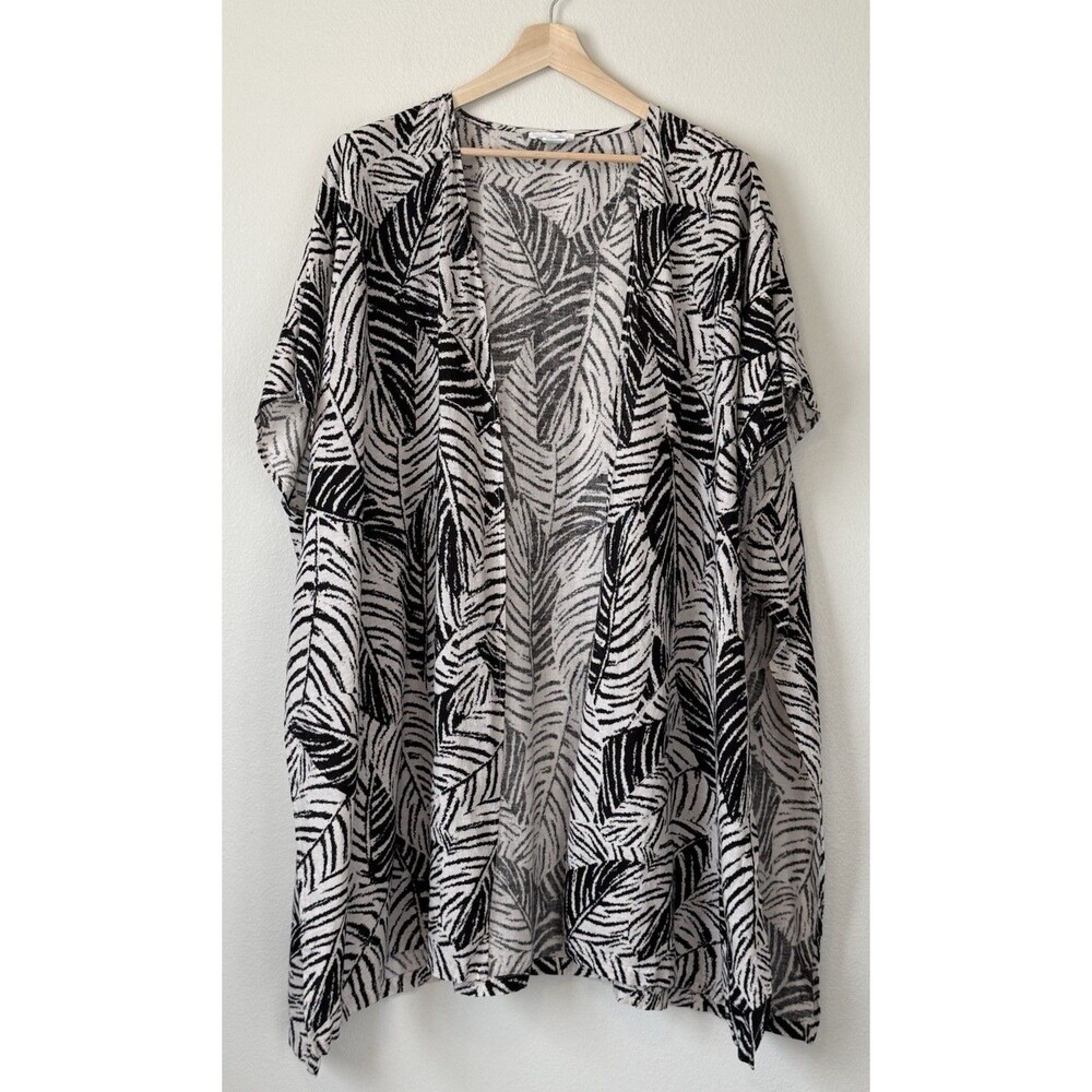 Cynthia Rowley Kimono Wrap Women One Size Cream Black Leaf Linen Blend Boho